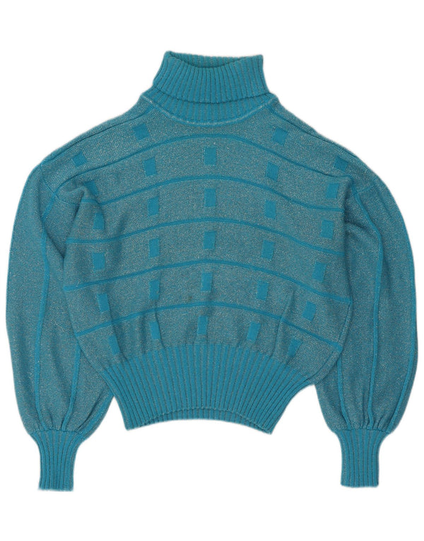 Vintage Damen Crop Rollkragenpullover Pullover UK 16 Groß Blau gestreift