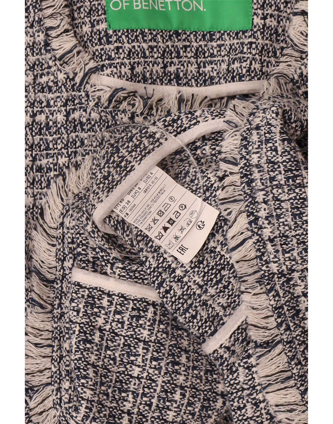 Benetton Damen-Blazer mit 3 Knöpfen, Gr. 8, Marineblau, gesprenkelte Baumwolle