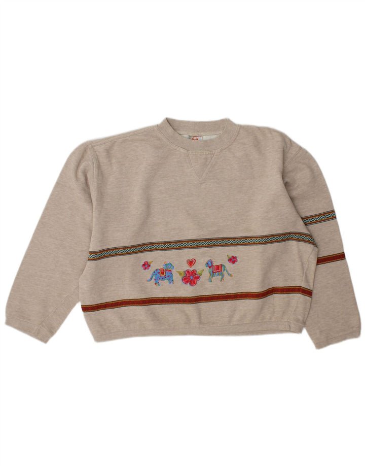 Stefanel Damen Crop Graphic Sweatshirt Pullover UK 14 Mittelgrau gestreift