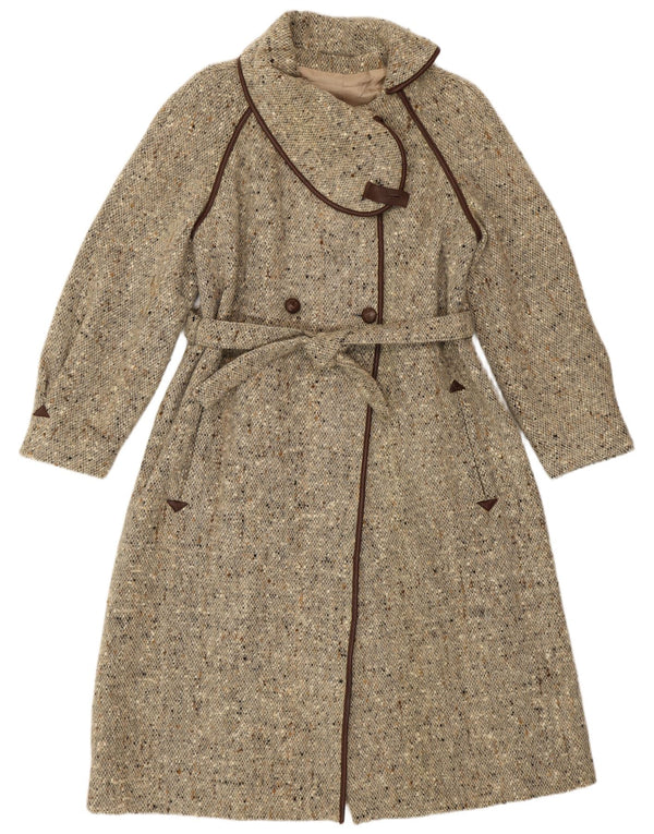 VINTAGE Zweireihiger Damenmantel UK 14 Mittelbeige meliert