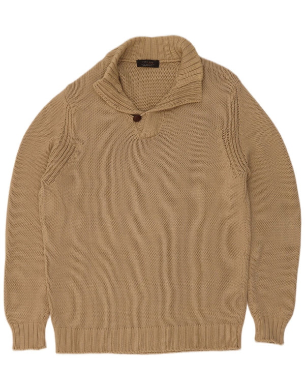 Zara Mens Button Neck Jumper Sweater XL Beige Cotton