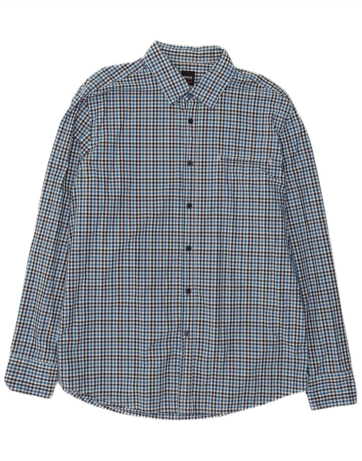 Hugo Boss Herren-Hemd mit normaler Passform, XL, blau, Gingham-Baumwolle