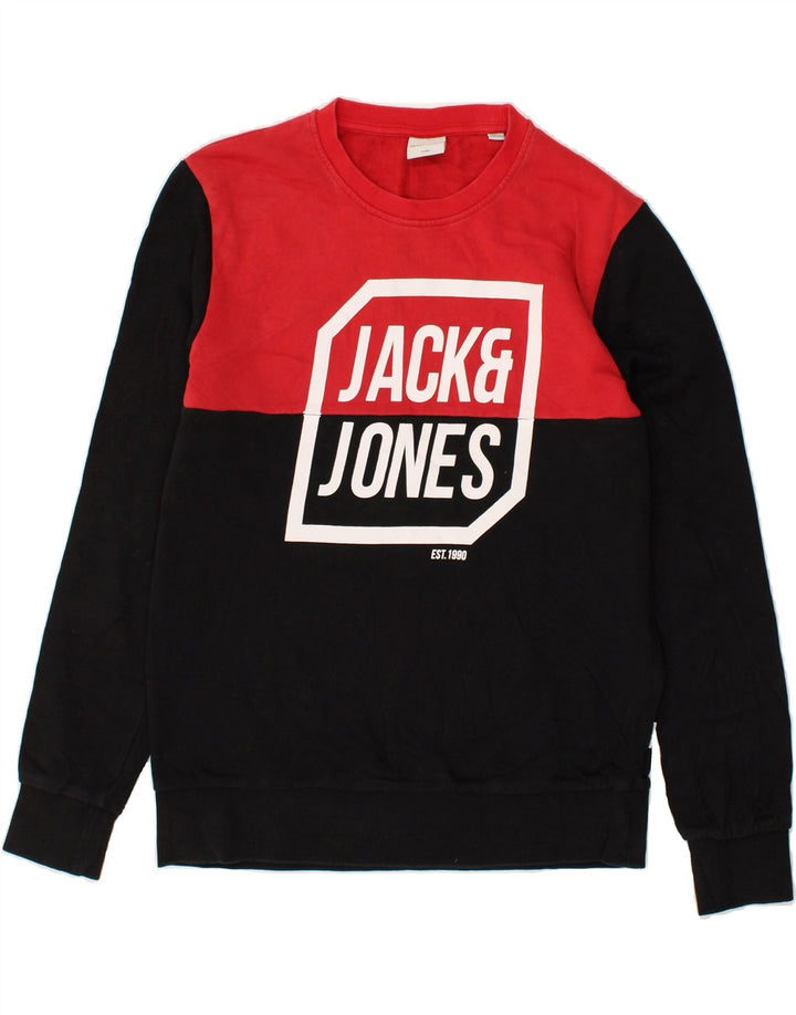 JACK & JONES Mens Graphic Sweatshirt Jumper Medium Red Colourblock Cotton | Vintage Jack & Jones | Thrift | Second-Hand Jack & Jones | Used Clothing | Messina Hembry 