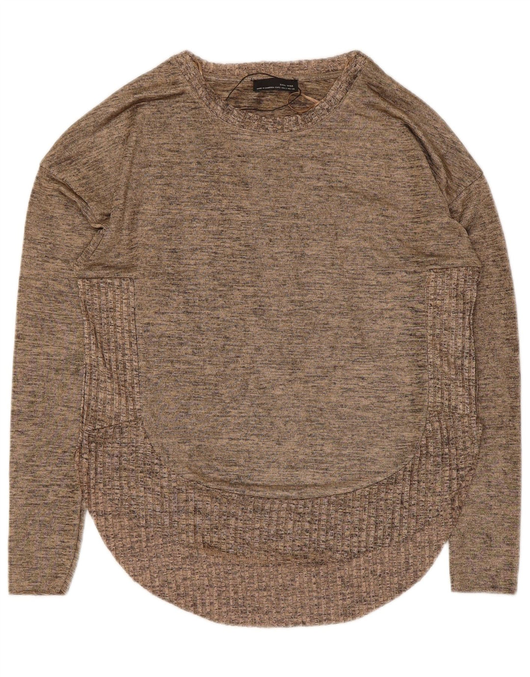 Zara Damen Top Langarm UK 10 Small Beige geflecktes Polyester