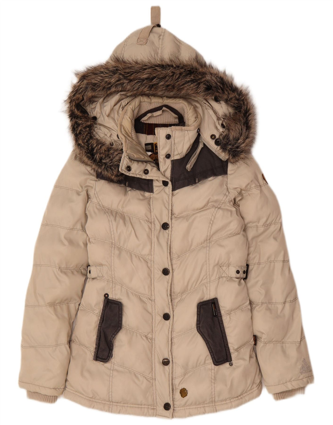 KHUJO Damen-Kapuzen-Übergröße, wattierte Jacke, UK 10, Größe S, Beige, Polyester