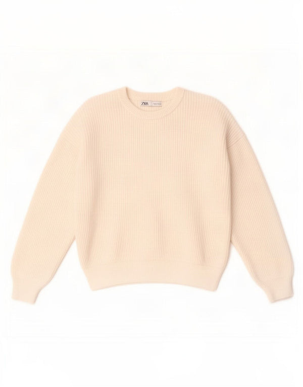 Zara Damen-Pullover mit Rundhalsausschnitt, UK 14, mittelweiße Viskose