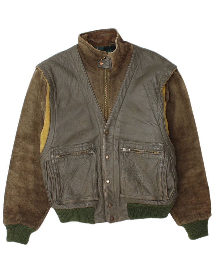 Belfe & Belfe Herren-Bomber-Lederjacke, UK 38, mittleres Khaki, Farbblock