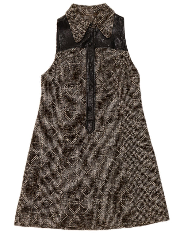 Vintage Damen Ärmelloses A-Linien-Kleid UK 8 Small Schwarz Geometrisch