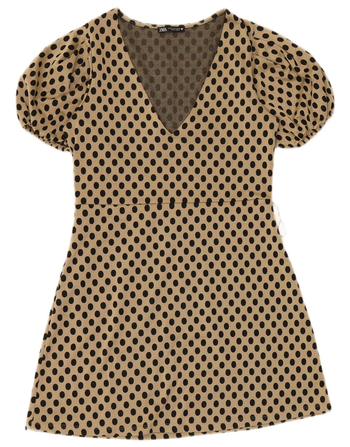 Zara Damen A-Linien-Kleid UK 12 Mittelbeige gepunktet