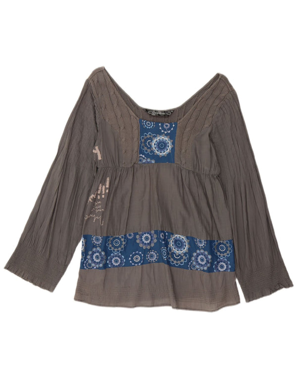 Desigual Damen Grafik-Langarmblusenoberteil UK 16 Large Grau Geometrisch
