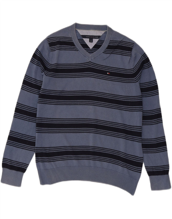 TOMMY HILFIGER Herren-Pullover mit V-Ausschnitt, mittelblau, gestreift, Baumwolle