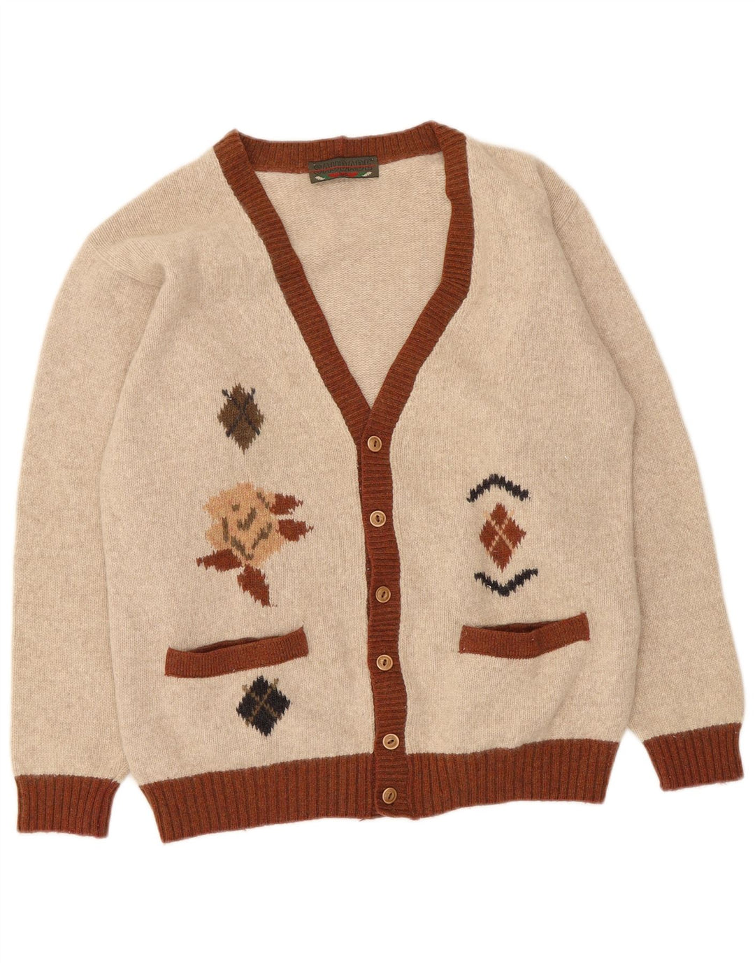 Vintage Herren Cardigan Pullover Small Beige Argyle/Diamond Wool