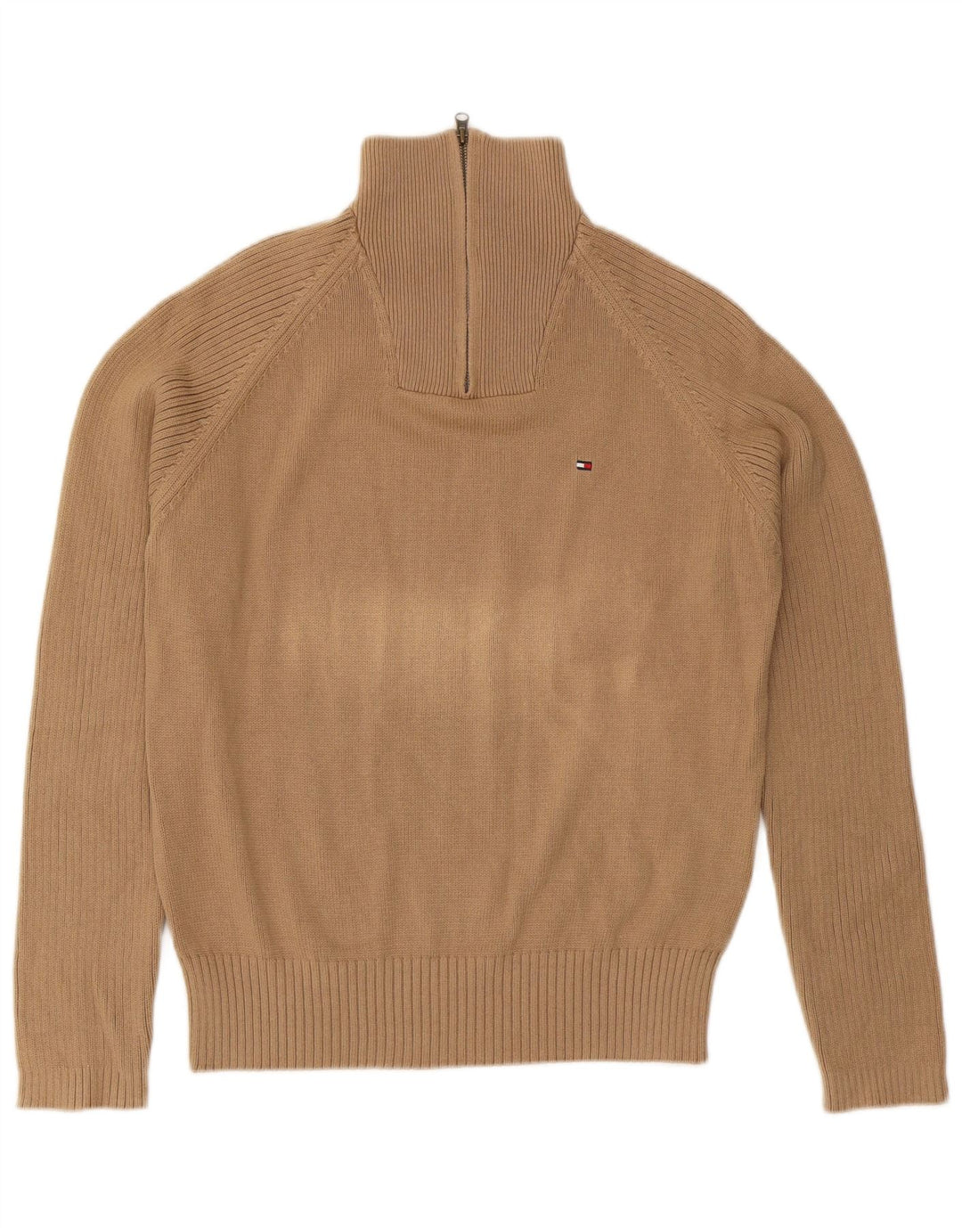 Tommy Hilfiger Herren-Pullover mit Reißverschluss am Hals, mittelbeige Baumwolle