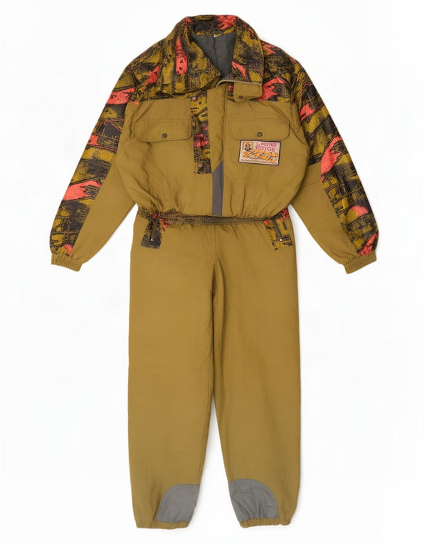 Vintage Damen Skioverall mit abstraktem Muster IT 48 XL Khaki Farbblock