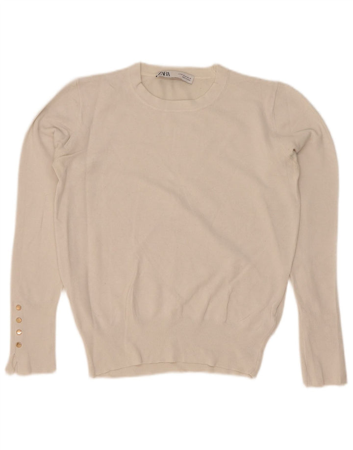 Zara Damen-Pullover mit Rundhalsausschnitt, UK 12, mittelweiße Viskose