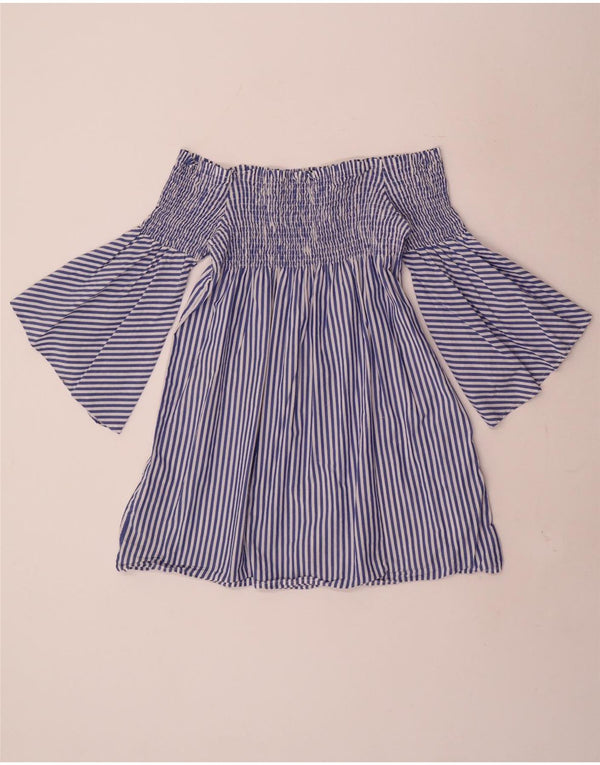 Zara Damen-Oberteil mit 3/4-Ärmeln, schulterfrei, UK 4 XS, blau gestreift, Baumwolle