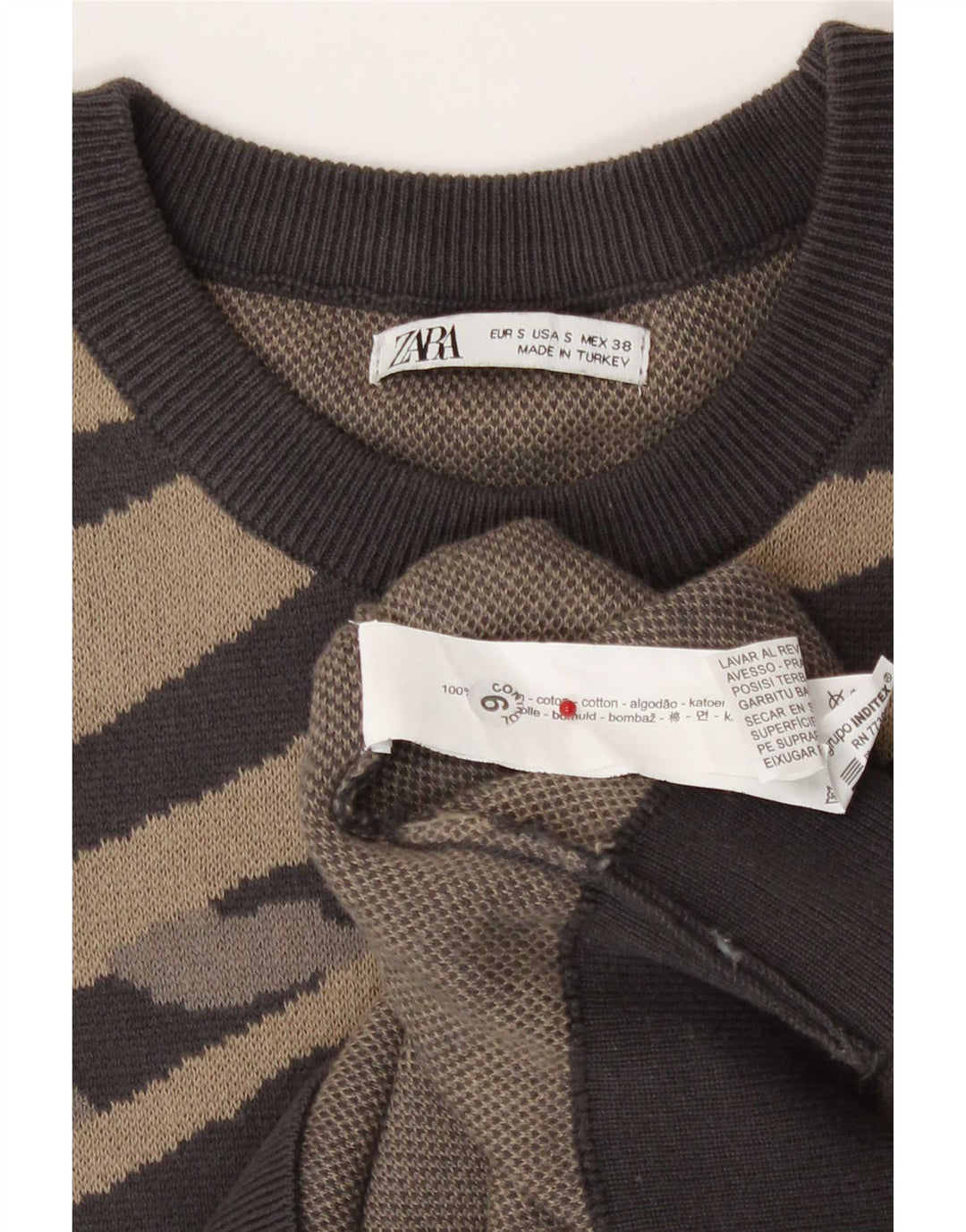 Zara Herren-Sweatshirt-Pullover, klein, braun gestreift, Baumwolle