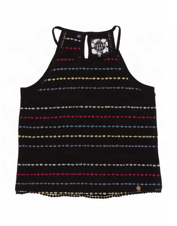 Superdry Damen Crop Neckholder Top UK 10 Small Schwarz gestreifte Viskose