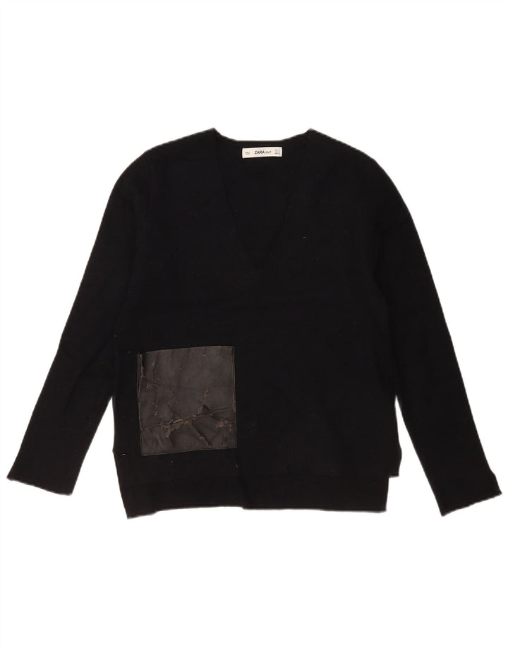 Zara Damen-Pullover mit V-Ausschnitt, Gr. 10, Größe S, schwarze Viskose