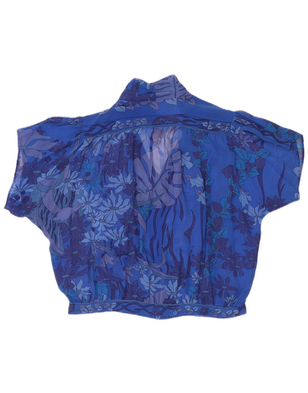 Vintage Damen Durchsichtige Kurzarm-Hemdbluse UK 18 XL Blau geblümt