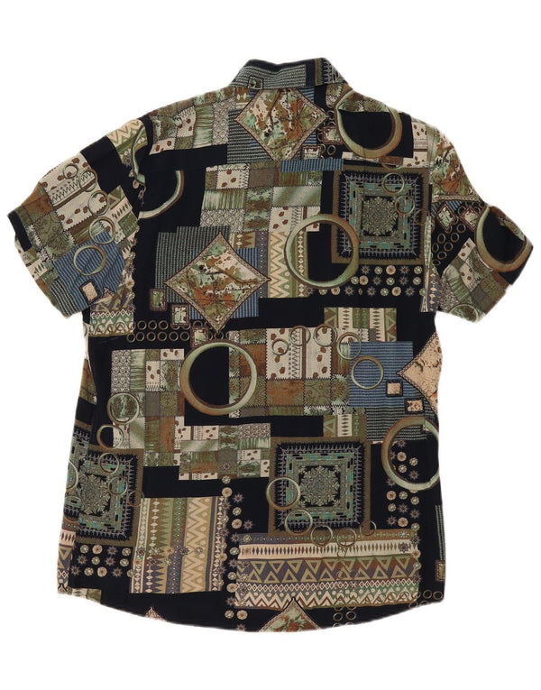 VINTAGE Herren Kurzarmhemd Medium Schwarz Patchwork Viskose