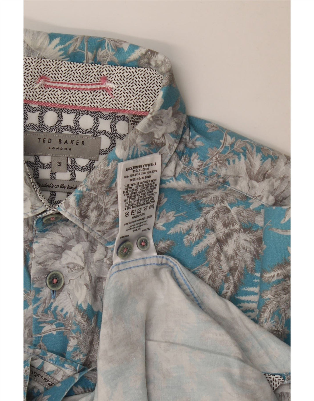 Ted Baker Herren-Kurzarmhemd, Größe 3, mittelblau, geblümt, Baumwolle