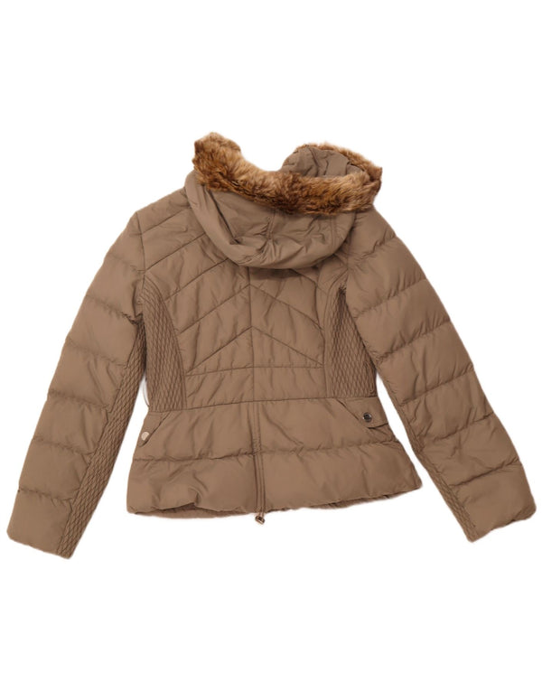 KAREN MILLEN Wattierte Damenjacke mit Kapuze, UK 12, mittelbeigefarbenes Polyamid