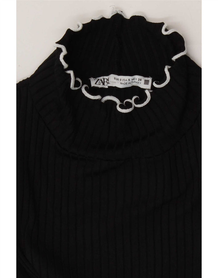 Zara Damen Crop Bluse Top UK 8 Small Schwarz Polyamid