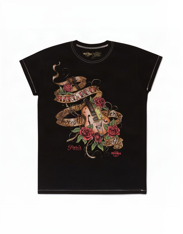 Hard Rock Cafe Damen Paris Graphic T-Shirt Top UK 14 Medium Schwarz geblümt