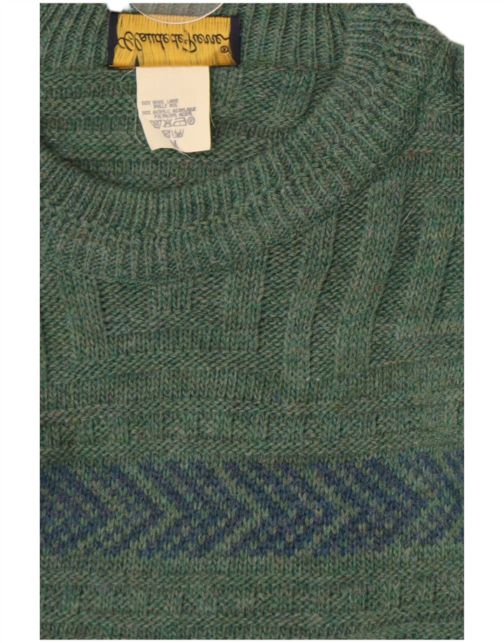 Claude De Pierre Herren-Pullover mit Rundhalsausschnitt, mittelgrüne geometrische Wolle