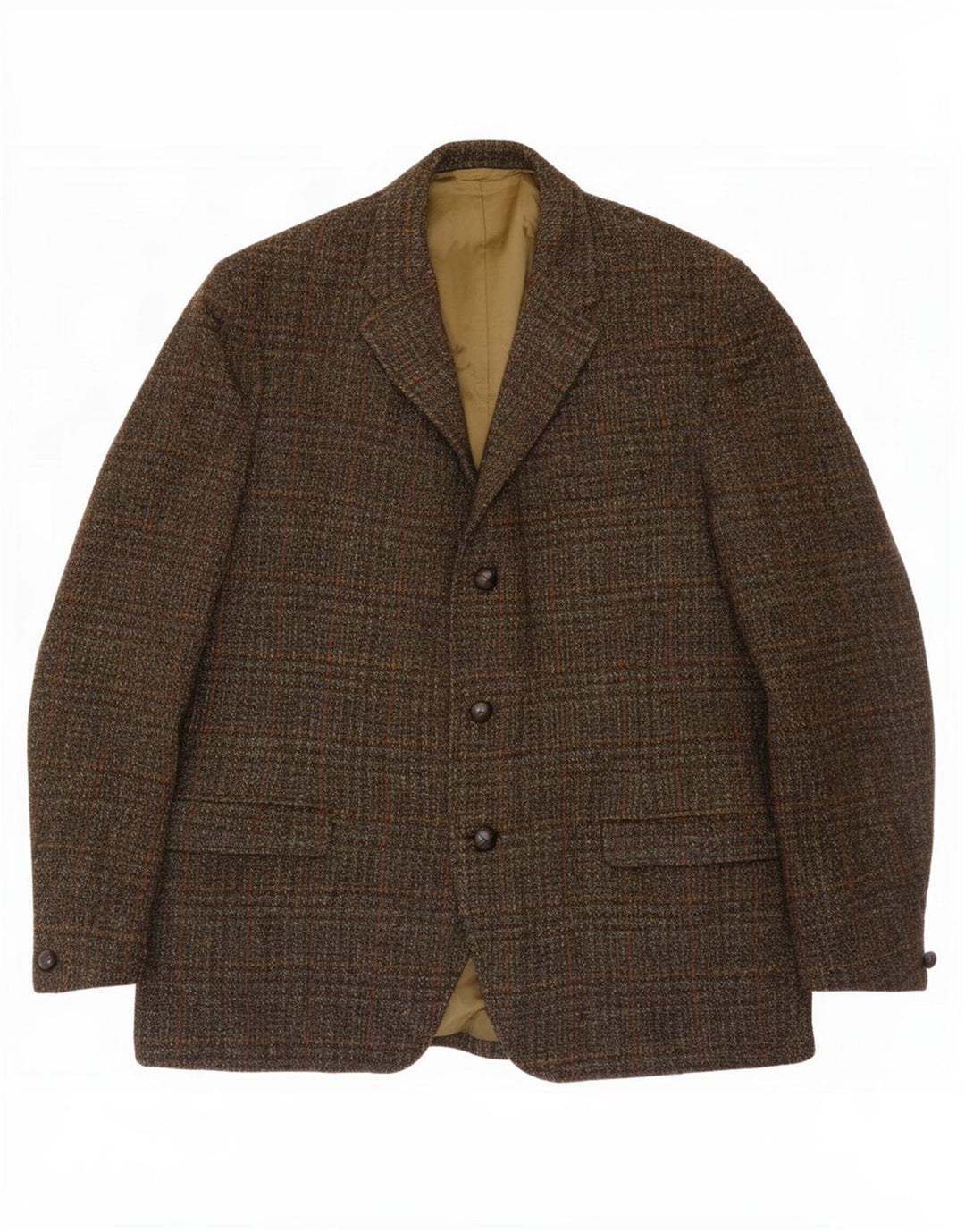 Harris Tweed Herren-Blazer mit 3 Knöpfen, UK 38, mittelkhakifarbene karierte Wolle