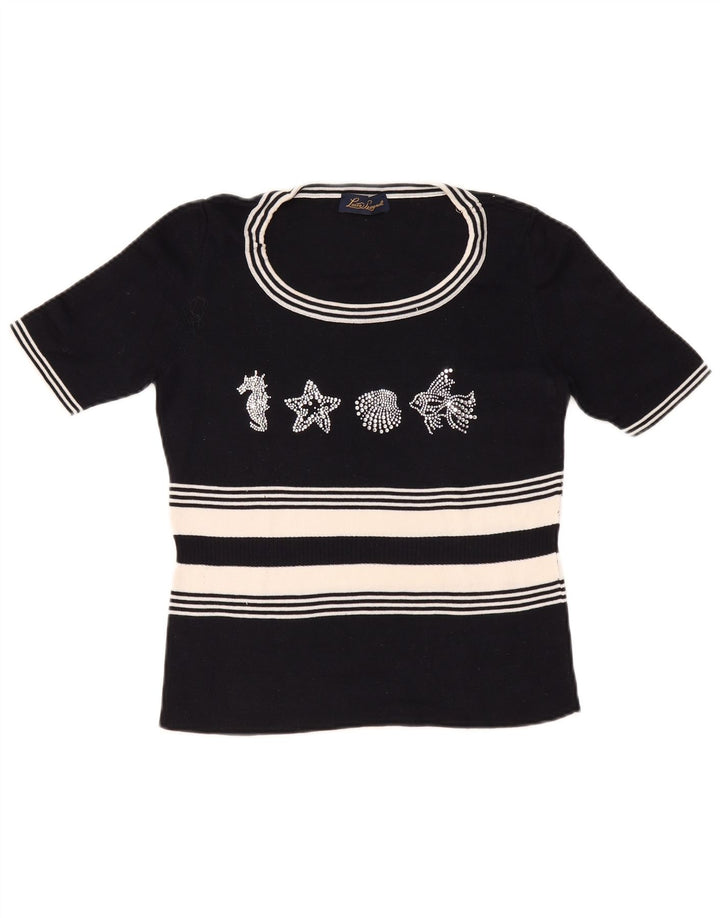 LUISA SPAGNOLI Damen Pullover mit grafischem U-Boot-Ausschnitt, Gr. 14, Schwarz