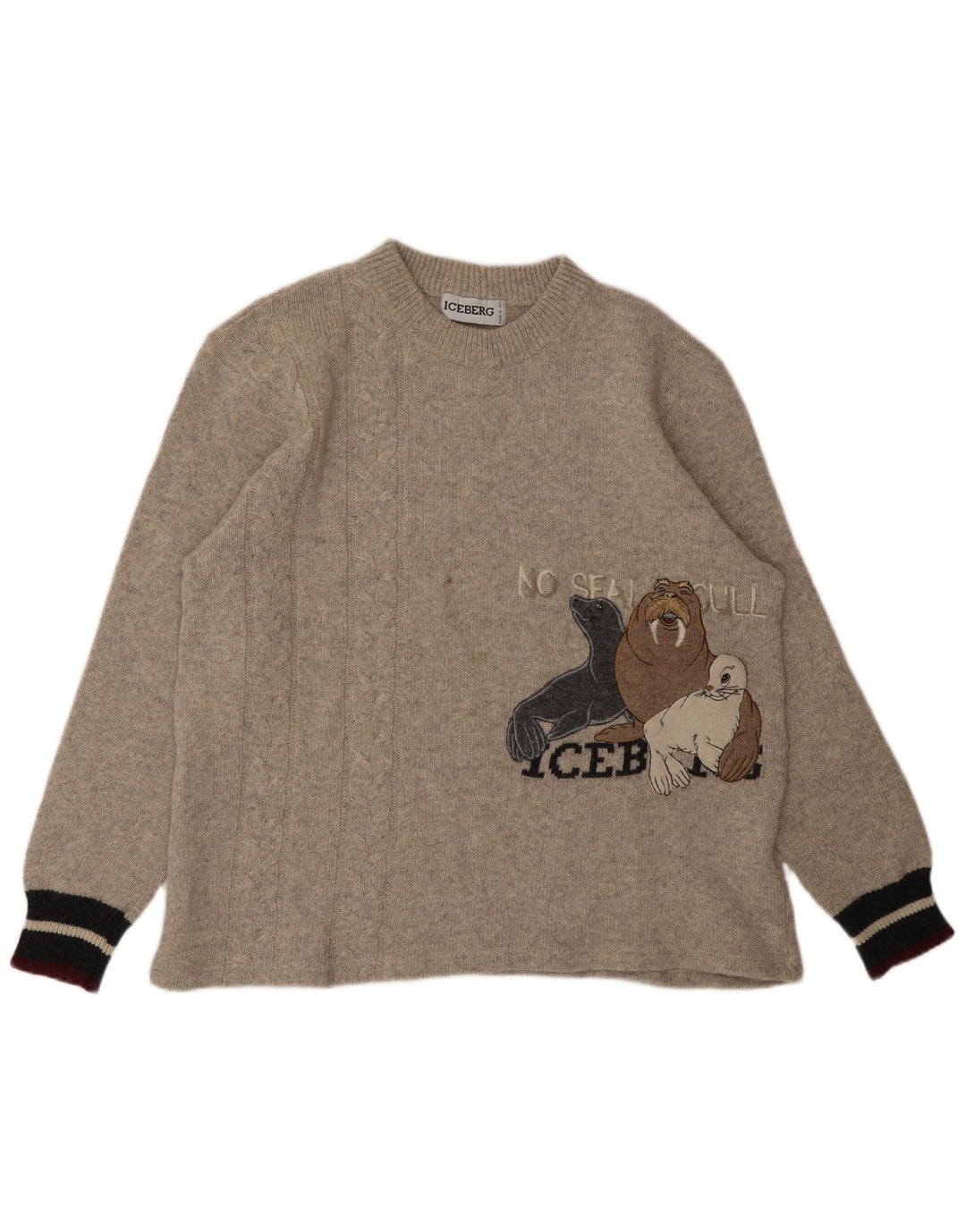ICEBERG Herren-Pullover mit grafischem Rundhalsausschnitt, mittelgroße beige Tiere
