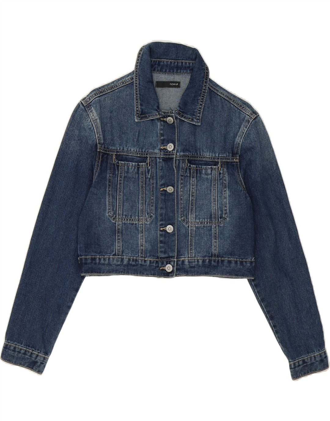VINTAGE Womens Crop Denim Jacket UK 10 Small Blue Cotton Vintage Vintage and Second-Hand Vintage from Messina Hembry 