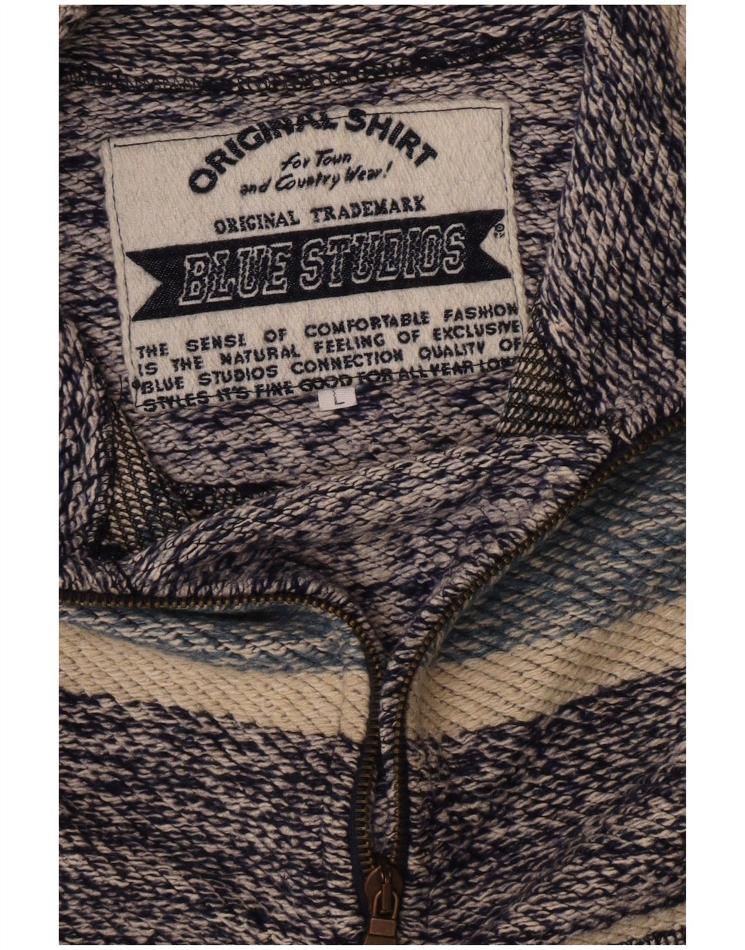 Vintage Herren 1/4 Reißverschluss Sweatshirt Pullover Mittelblau gestreift Retro