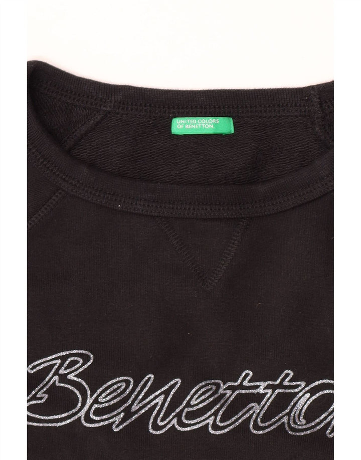 Benetton Womens Crop Graphic Sweatshirt Pullover UK 14 Medium Schwarz