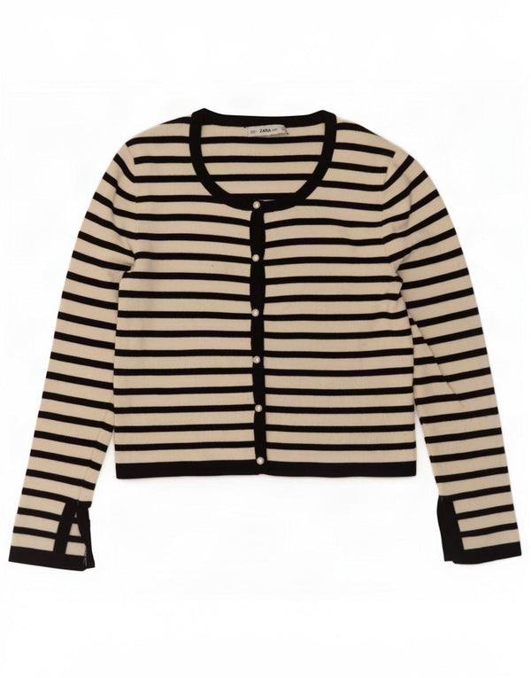 Zara Damen Crop Cardigan Pullover UK 14 Große weiß gestreifte Viskose
