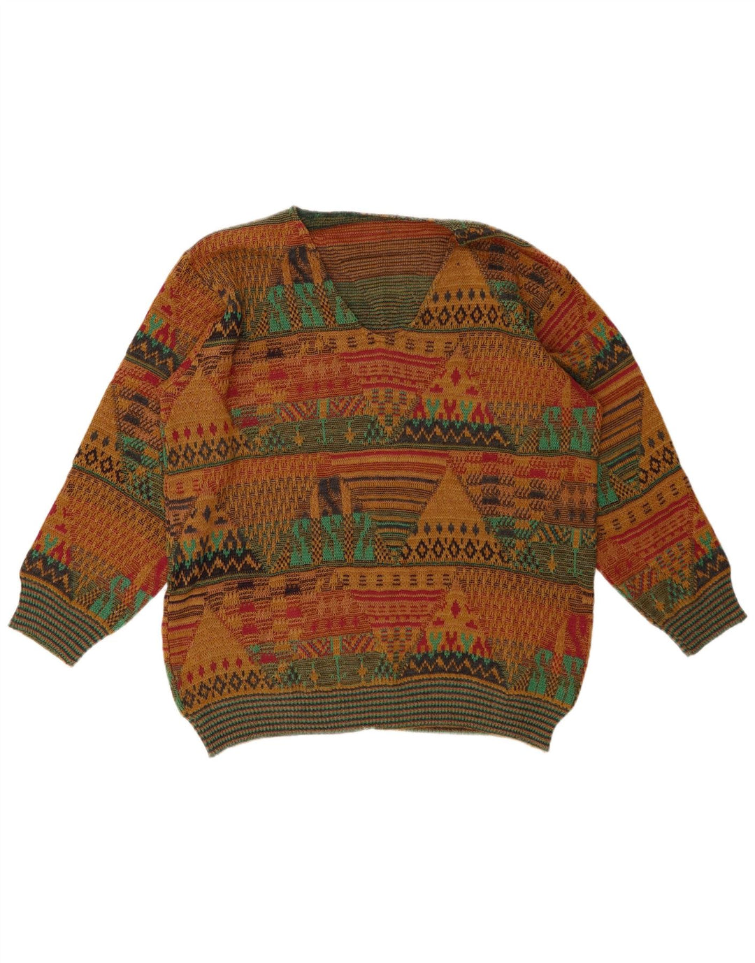 VINTAGE Herren-Pullover mit V-Ausschnitt, mittelgroße, mehrfarbige, geometrische Wolle