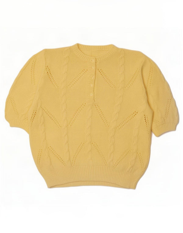 Vintage Damen Kurzarm-Pullover mit Knöpfen und Halsausschnitt, Gr. 18, XL, Gelb