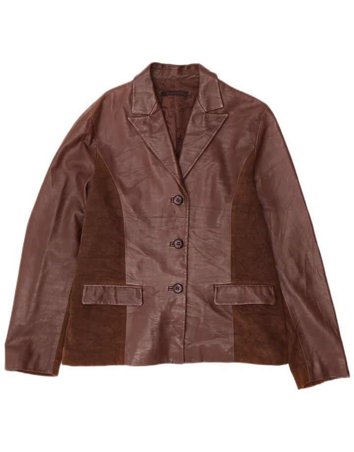Evolution Damen 3-Knopf-Lederblazer IT 48 XL Brauner Farbblock