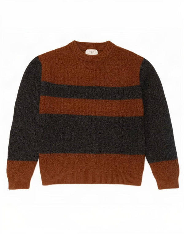 Zara Jungen-Pullover mit Rundhalsausschnitt, 13–14 Jahre, braunes Farbblock-Acryl