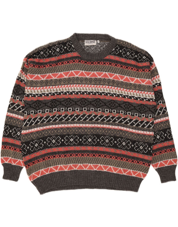 Vintage Herren Pullover mit Rundhalsausschnitt, groß, grau, geometrisch, Acryl