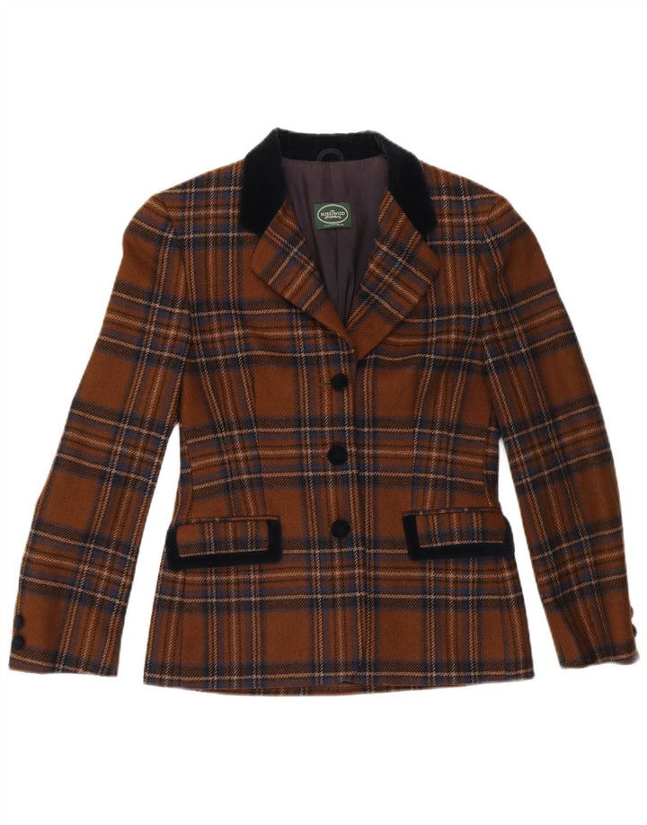 Misstwidd Damen-Blazerjacke mit 3 Knöpfen, IT 42, mittelbraune karierte Wolle