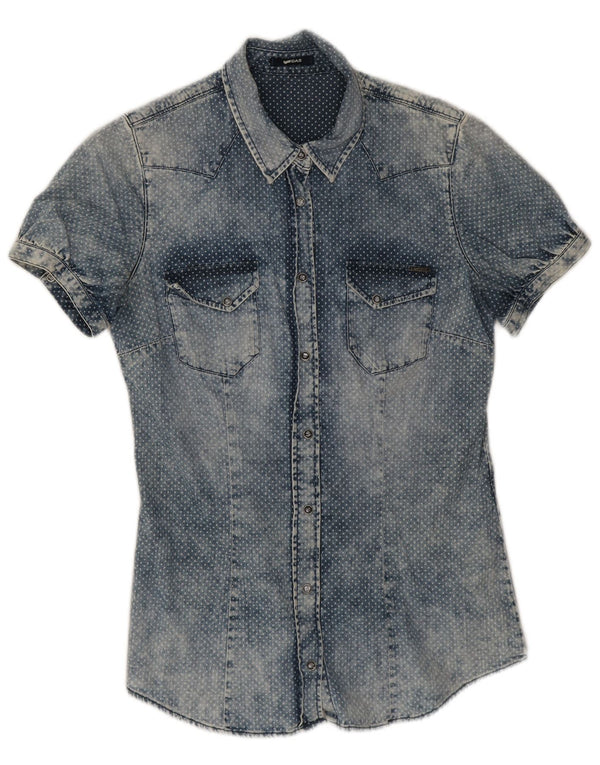 Gas Damen Kurzarm-Jeanshemd UK 12 Mittelblau gepunktete Baumwolle