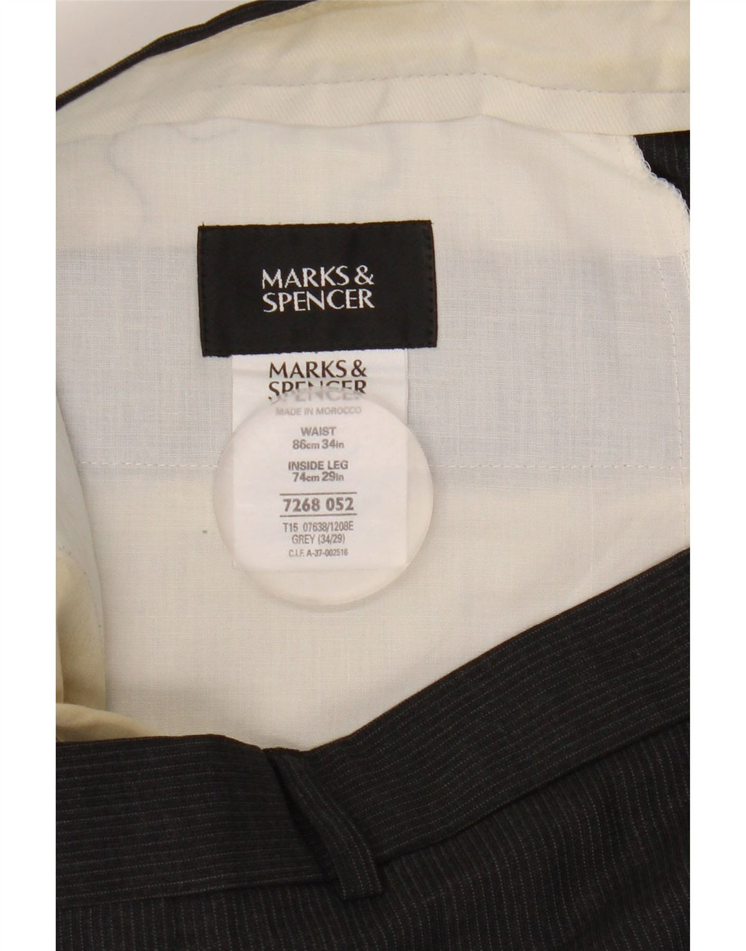 Marks & Spencer Herren-Anzughose mit Pegged-Anzug, W34, L29, graues Nadelstreifen-Polyester