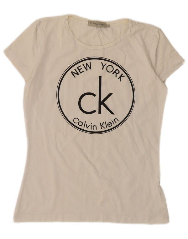 CALVIN KLEIN JEANS Damen Grafik T-Shirt Top UK 14 Large Weiß