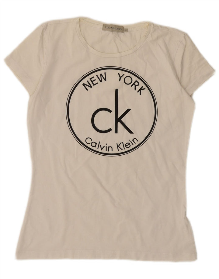 CALVIN KLEIN JEANS Damen Grafik T-Shirt Top UK 14 Large Weiß