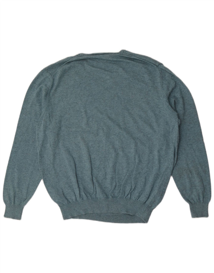 Massimo Dutti Herren-Pullover mit V-Ausschnitt, groß, aus blauer Baumwolle