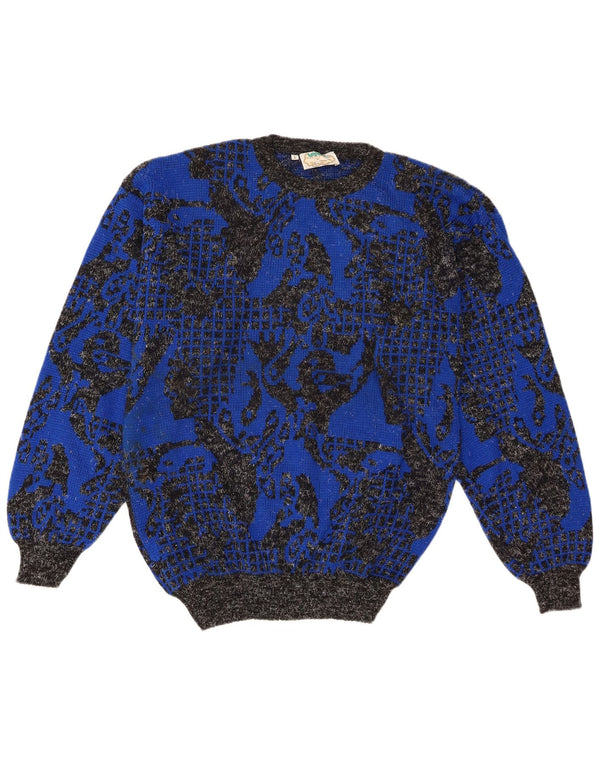 Vintage Womens Crew Neck Jumper Sweater UK 16 Large Blue Geometric Acrylic