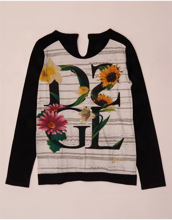 Desigual Womens Graphic Top Langarm UK 14 Große schwarze geblümte Baumwolle